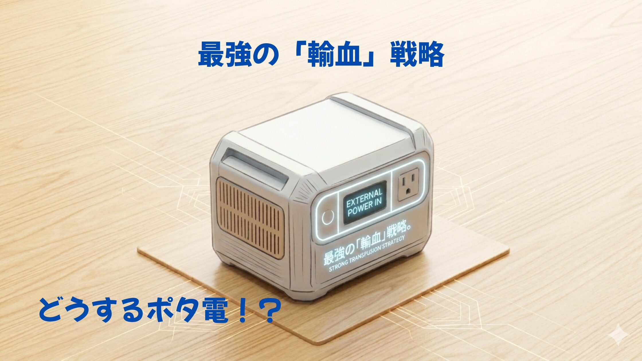 最新のポータブル電源を木目調のテーブルに配置したクリーンな俯瞰イラスト。中央上部にクレア外装色のダークブルーで「最強の『輸血』戦略。」、下部に「どうするポタ電！？」というキャッチコピーが配置されている。